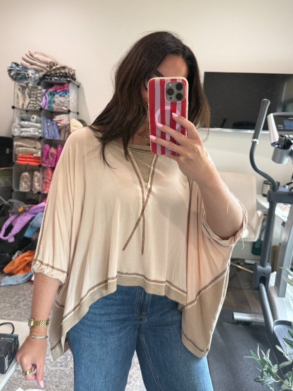 POL | Brown & Cream Mixed Media Oversized Short Sleeve Top | New | S